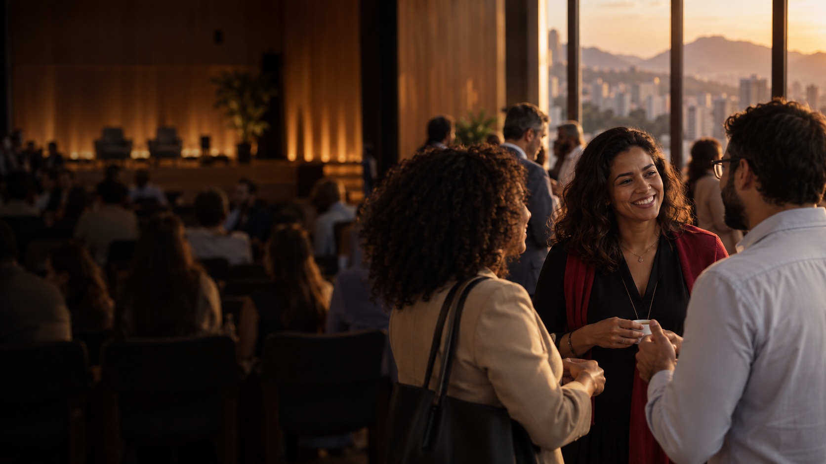 Pessoas reunidas em um ambiente de convivência profissional.